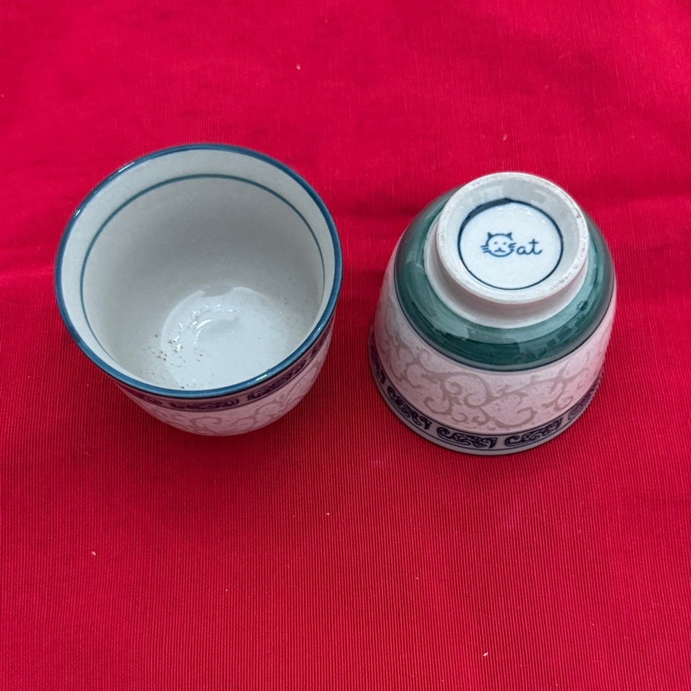 Vintage Blue and gray Ceramic sake Cups with cat emblem (OLCC)